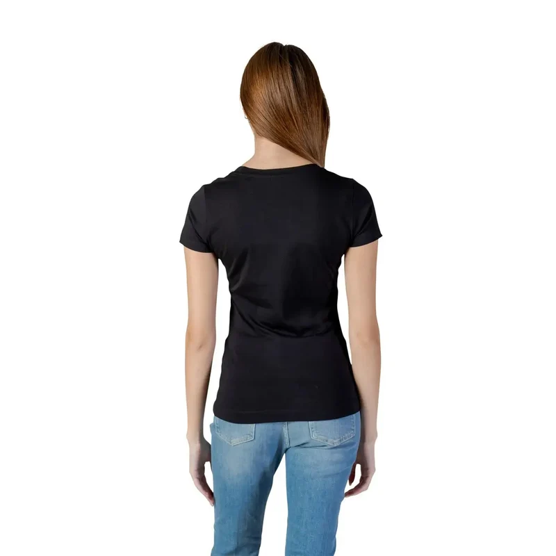 Damen-T-Shirt aus Baumwolle mit Rhinestone-Logo, schwarz, Rundhalsausschnitt