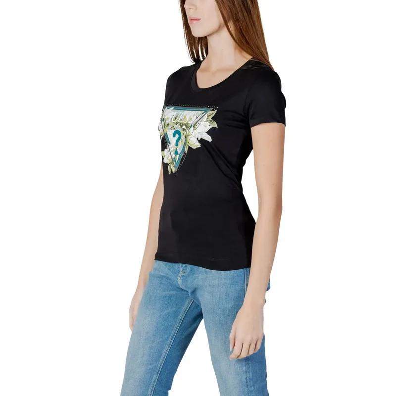 Damen-T-Shirt aus Baumwolle mit Rhinestone-Logo, schwarz, Rundhalsausschnitt