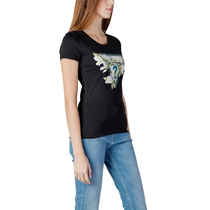 Damen-T-Shirt aus Baumwolle mit Rhinestone-Logo, schwarz, Rundhalsausschnitt