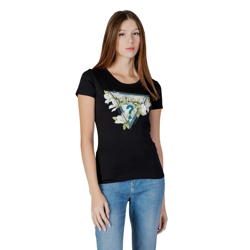 Damen-T-Shirt aus Baumwolle mit Rhinestone-Logo, schwarz, Rundhalsausschnitt