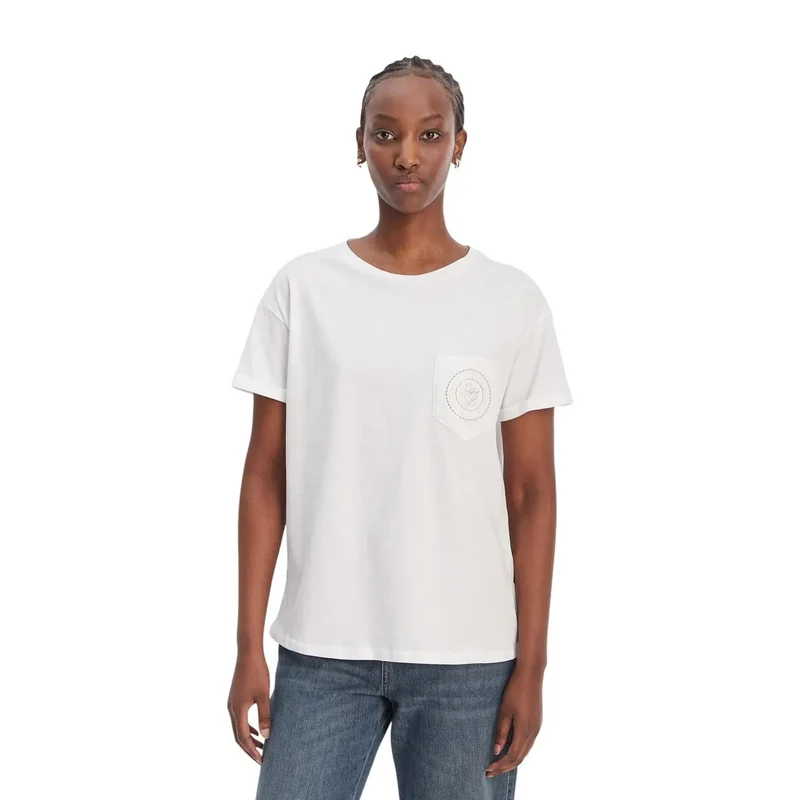 Liu Jo Damen T-Shirt aus weißer Baumwolle mit Rundhalsausschnitt und Einzelbrusttasche