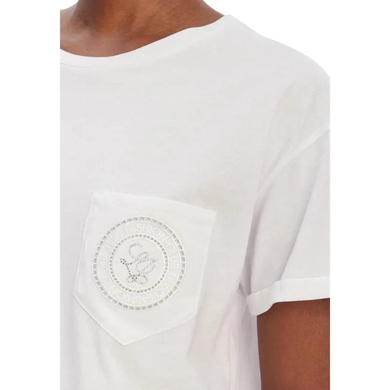 Liu Jo Damen T-Shirt aus weißer Baumwolle mit Rundhalsausschnitt und Einzelbrusttasche