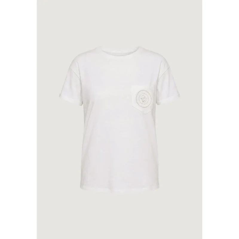 Liu Jo Damen T-Shirt aus weißer Baumwolle mit Rundhalsausschnitt und Einzelbrusttasche