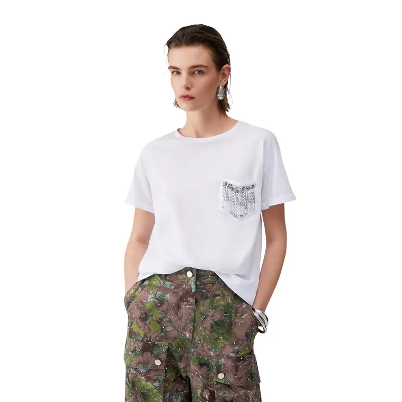 Liu Jo Damen T-Shirt aus weißer Baumwolle mit Rundhalsausschnitt und Einzelbrusttasche