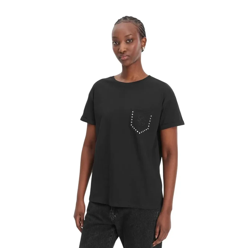 Liu Jo Damen T-Shirt aus weißer Baumwolle mit Rundhalsausschnitt und Einzelbrusttasche