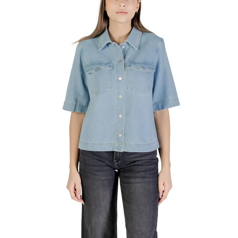 Klassisches blaues kurzärmeliges Baumwollhemd für Damen