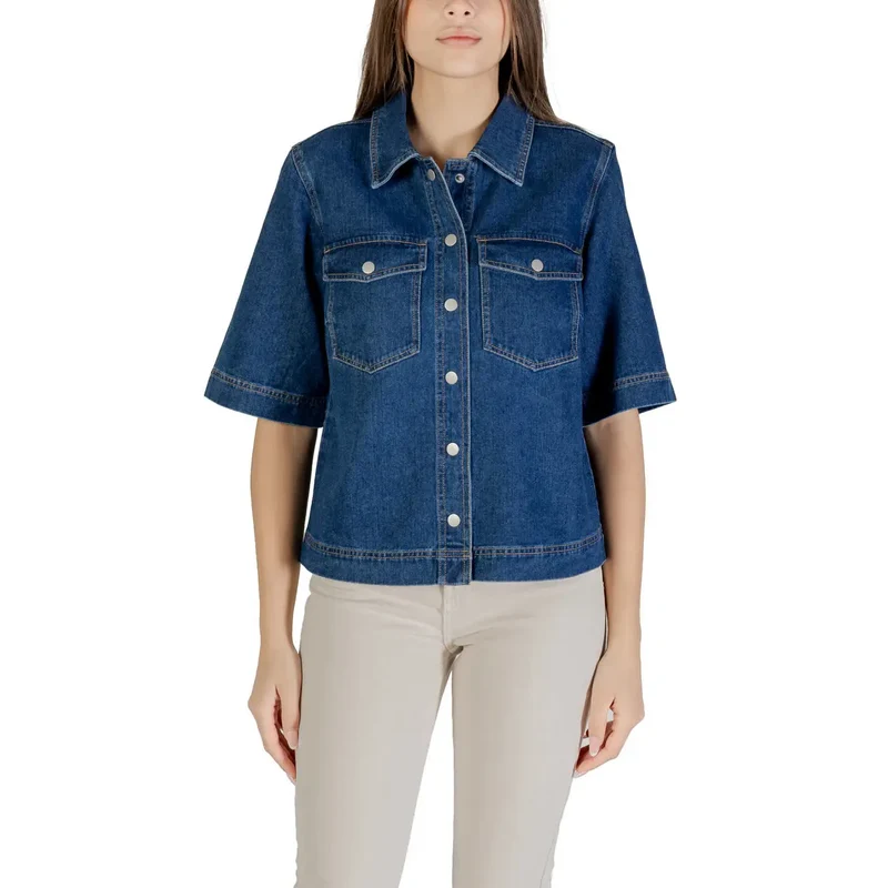 Klassisches blaues kurzärmeliges Baumwollhemd für Damen