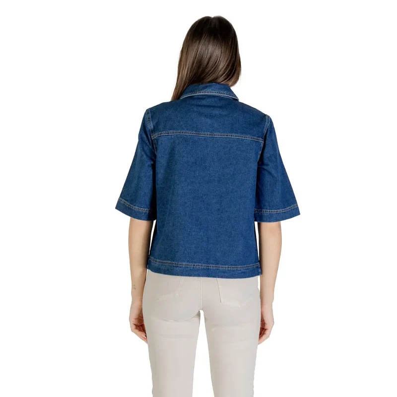 Klassisches blaues kurzärmeliges Baumwollhemd für Damen