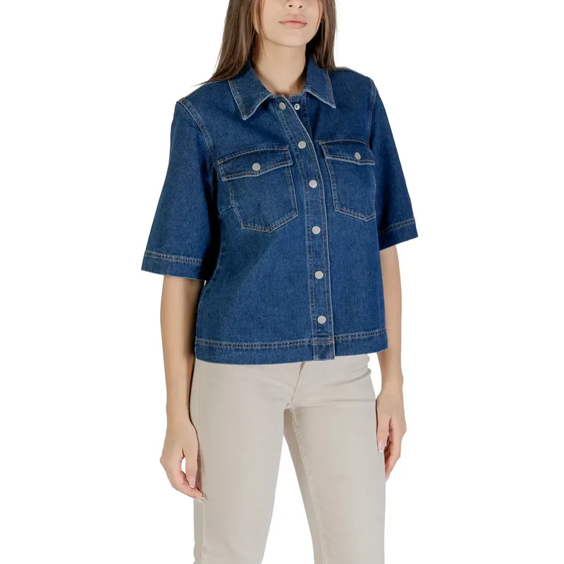Klassisches blaues kurzärmeliges Baumwollhemd für Damen