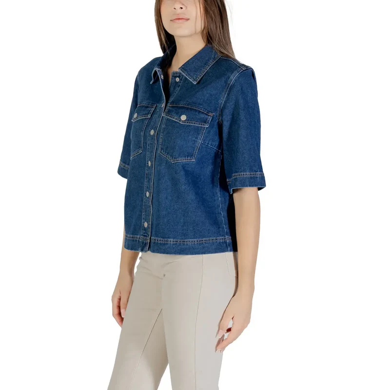 Klassisches blaues kurzärmeliges Baumwollhemd für Damen