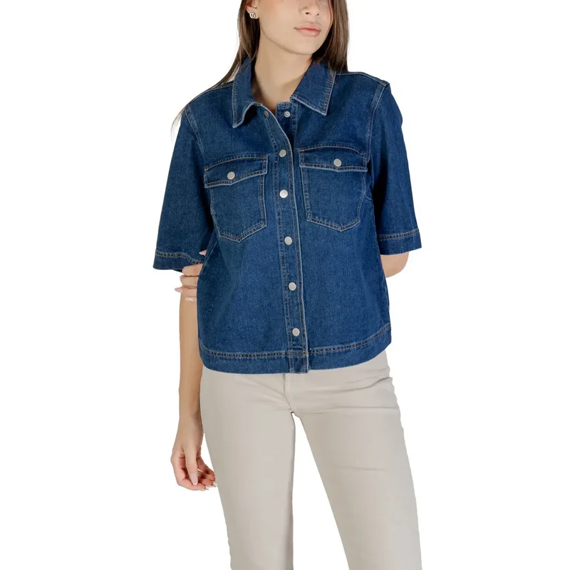 Klassisches blaues kurzärmeliges Baumwollhemd für Damen