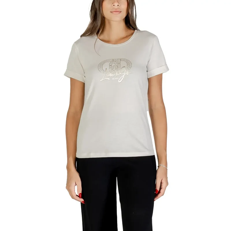 Liu Jo Damen Weiß Bedrucktes Baumwoll-T-Shirt mit Rundhalsausschnitt