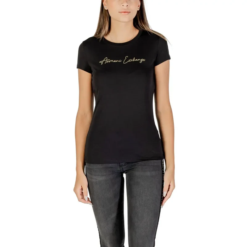 Armani Exchange Frauen Kurzarm Schwarz Strass Baumwolle T Shirt