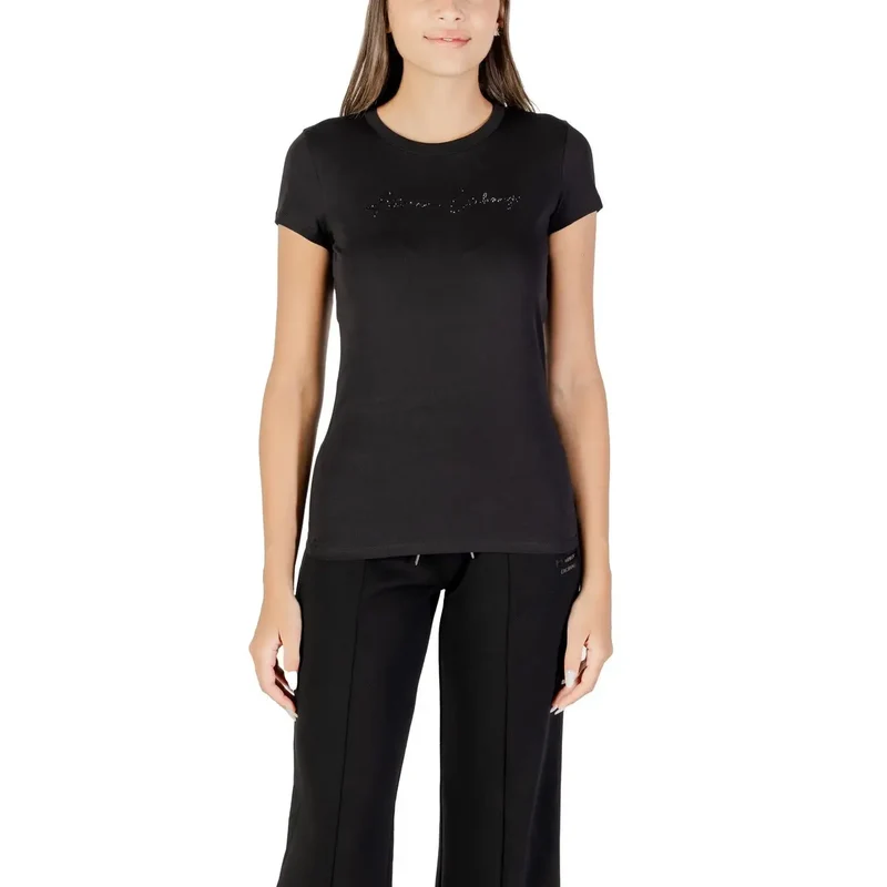 Armani Exchange Frauen Kurzarm Schwarz Strass Baumwolle T Shirt