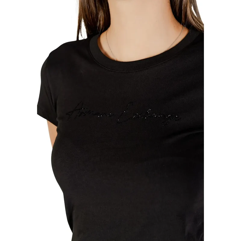 Armani Exchange Frauen Kurzarm Schwarz Strass Baumwolle T Shirt