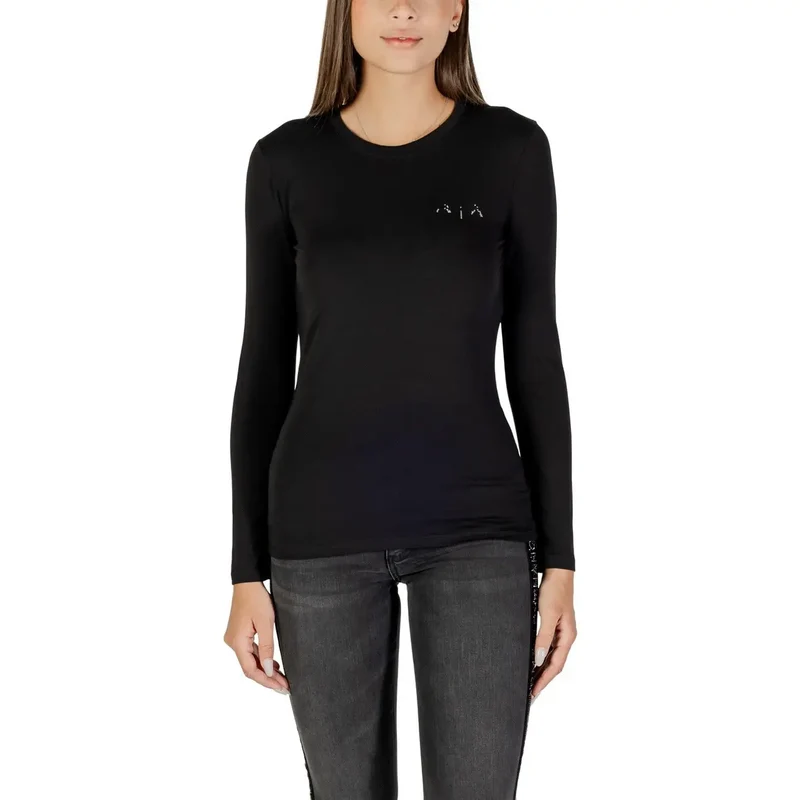 Armani Exchange Frauen Schwarz Langarm Rundhals T-Shirt mit Strasssteinen