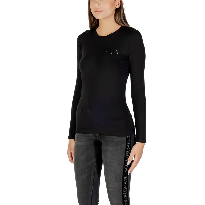 Armani Exchange Frauen Schwarz Langarm Rundhals T-Shirt mit Strasssteinen