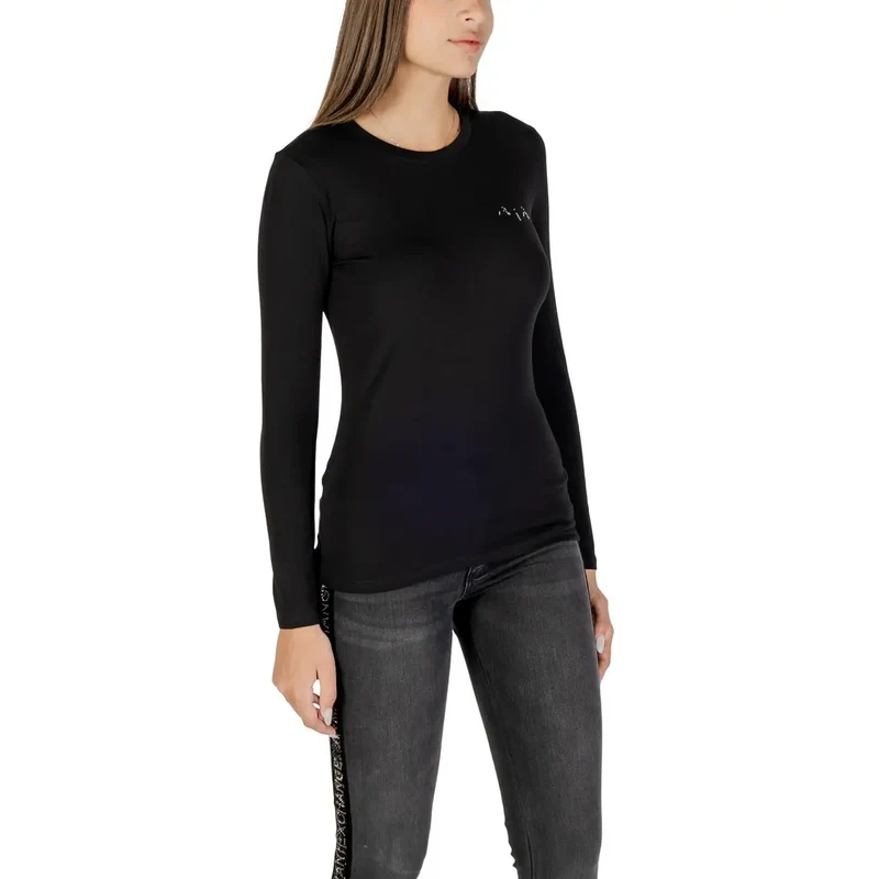 Armani Exchange Frauen Schwarz Langarm Rundhals T-Shirt mit Strasssteinen