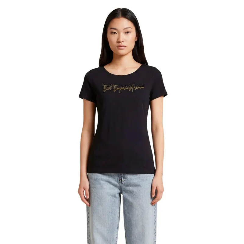 EA7 Damen Baumwollshirt mit kurzem Ärmel und Rundhalsausschnitt, schwarz