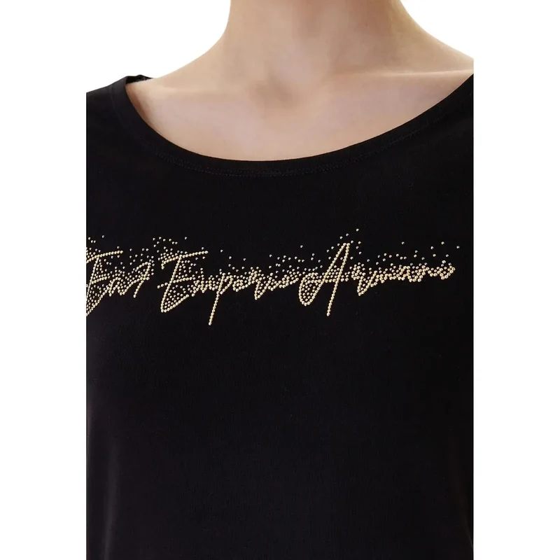 EA7 Damen Baumwollshirt mit kurzem Ärmel und Rundhalsausschnitt, schwarz