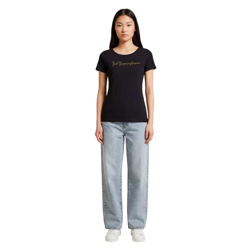 EA7 Damen Baumwollshirt mit kurzem Ärmel und Rundhalsausschnitt, schwarz