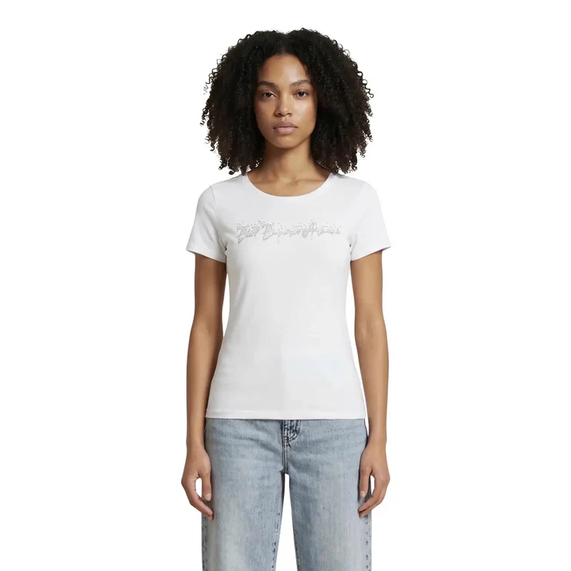 EA7 Damen Baumwollshirt mit kurzem Ärmel und Rundhalsausschnitt, schwarz