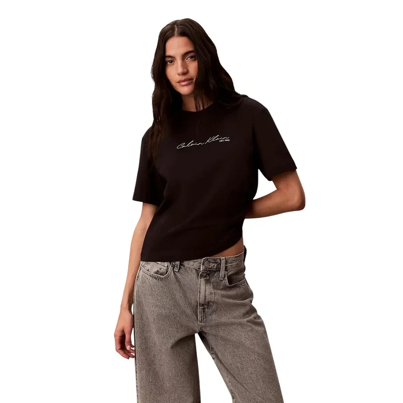 Calvin Klein Jeans Damen T-Shirt aus schwarzer Baumwolle mit Rundhalsausschnitt