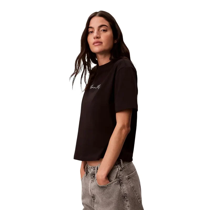 Calvin Klein Jeans Damen T-Shirt aus schwarzer Baumwolle mit Rundhalsausschnitt