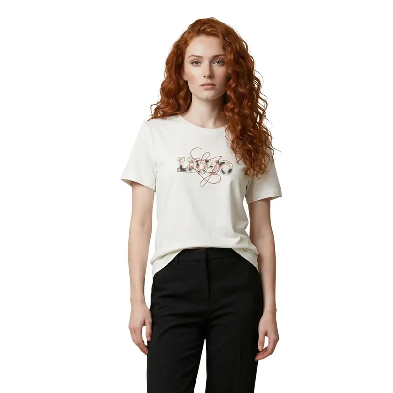 Liu Jo Damen Baumwoll T-Shirt mit kurzem Ärmel und Rundhalsausschnitt in Beige