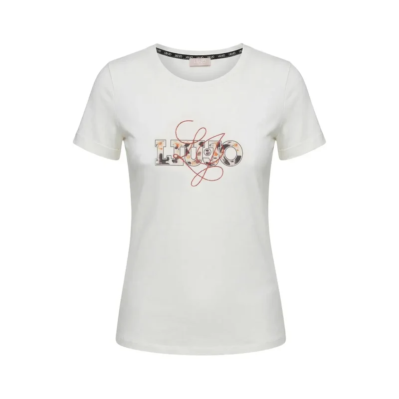Liu Jo Damen Baumwoll T-Shirt mit kurzem Ärmel und Rundhalsausschnitt in Beige
