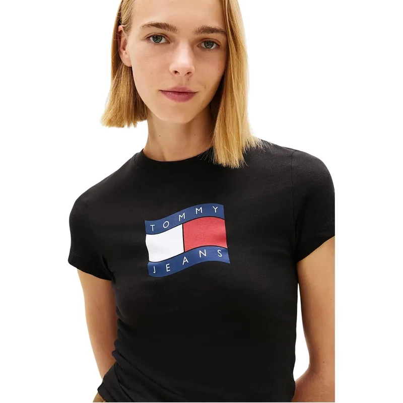 Tommy Hilfiger Damen Schwarzes T-Shirt aus Bio-Baumwolle mit Rundhalsausschnitt
