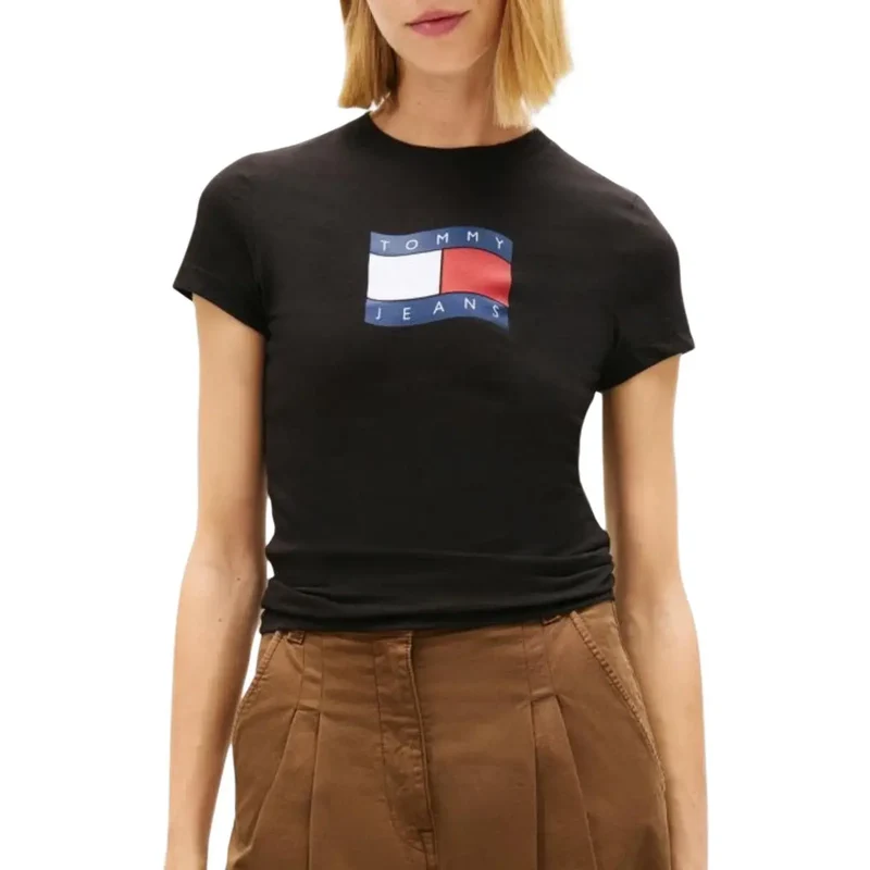 Tommy Hilfiger Damen Schwarzes T-Shirt aus Bio-Baumwolle mit Rundhalsausschnitt