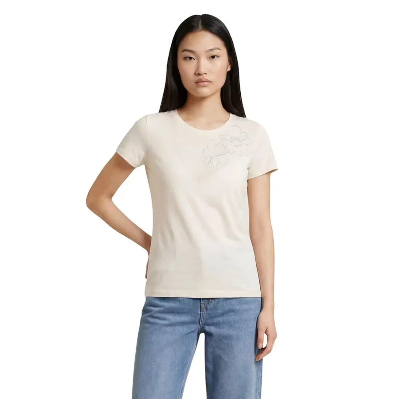 Liu Jo Damen beiges Baumwoll-Rundhals-Kurzarm-T-Shirt TA6155