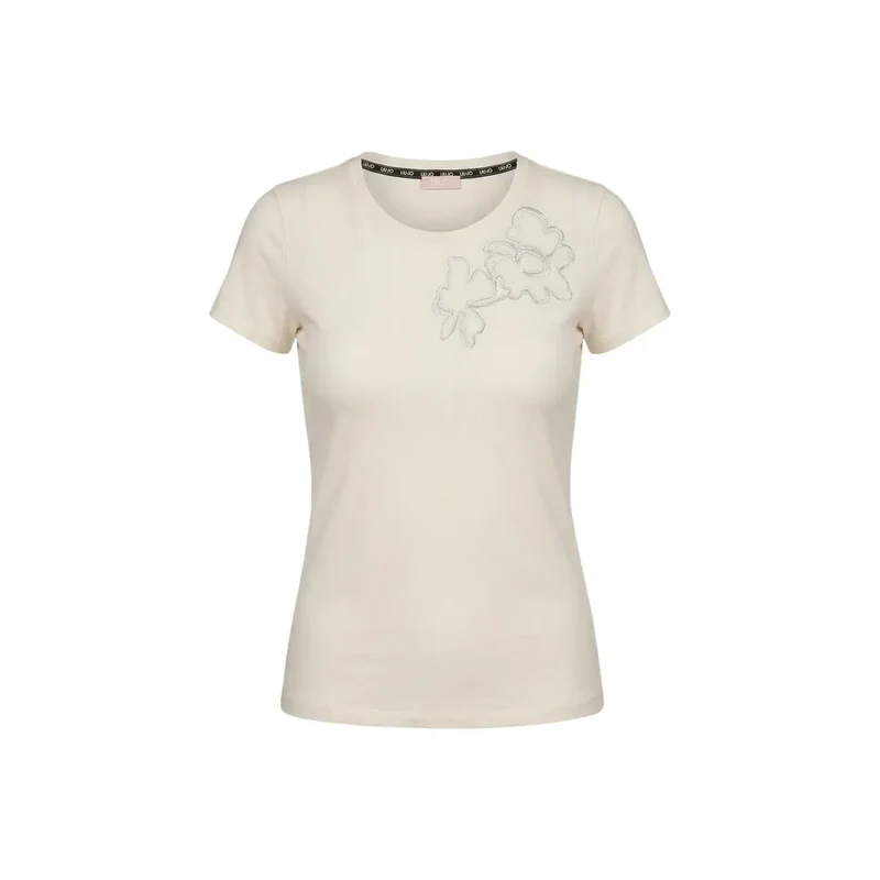 Liu Jo Damen beiges Baumwoll-Rundhals-Kurzarm-T-Shirt TA6155