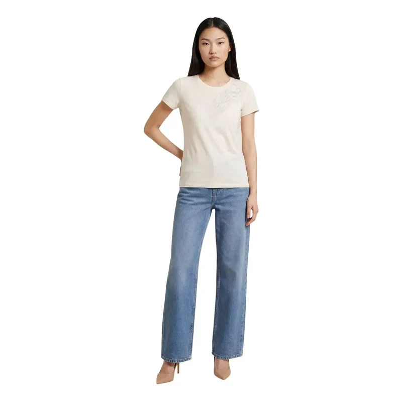 Liu Jo Damen beiges Baumwoll-Rundhals-Kurzarm-T-Shirt TA6155