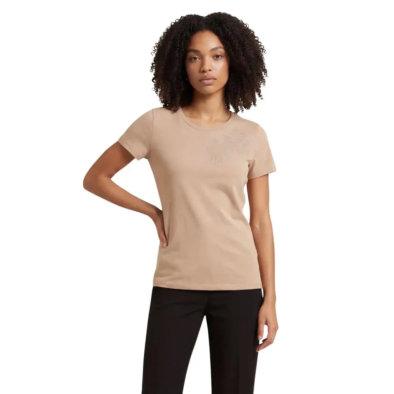 Liu Jo Damen beiges Baumwoll-Rundhals-Kurzarm-T-Shirt TA6155