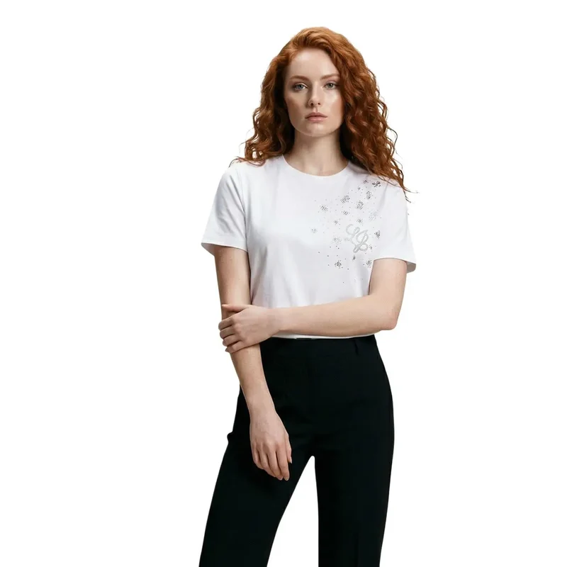 Liu Jo Damen T-Shirt aus Baumwolle mit Strass, rundem Ausschnitt, weiß