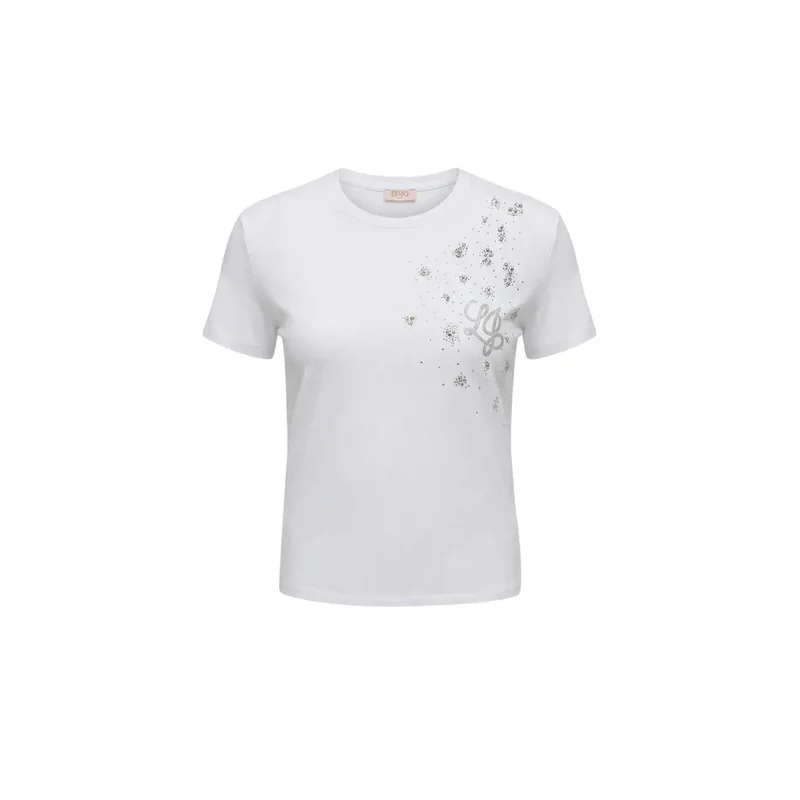 Liu Jo Damen T-Shirt aus Baumwolle mit Strass, rundem Ausschnitt, weiß