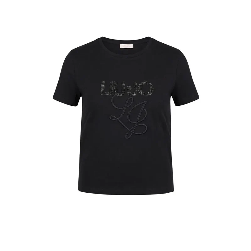 Liu Jo Damen T-Shirt aus Baumwolle mit Strass, rundem Ausschnitt, weiß