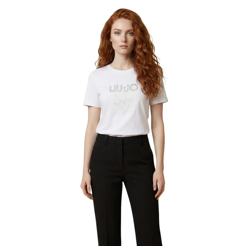 Liu Jo Damen T-Shirt aus Baumwolle mit Strass, rundem Ausschnitt, weiß