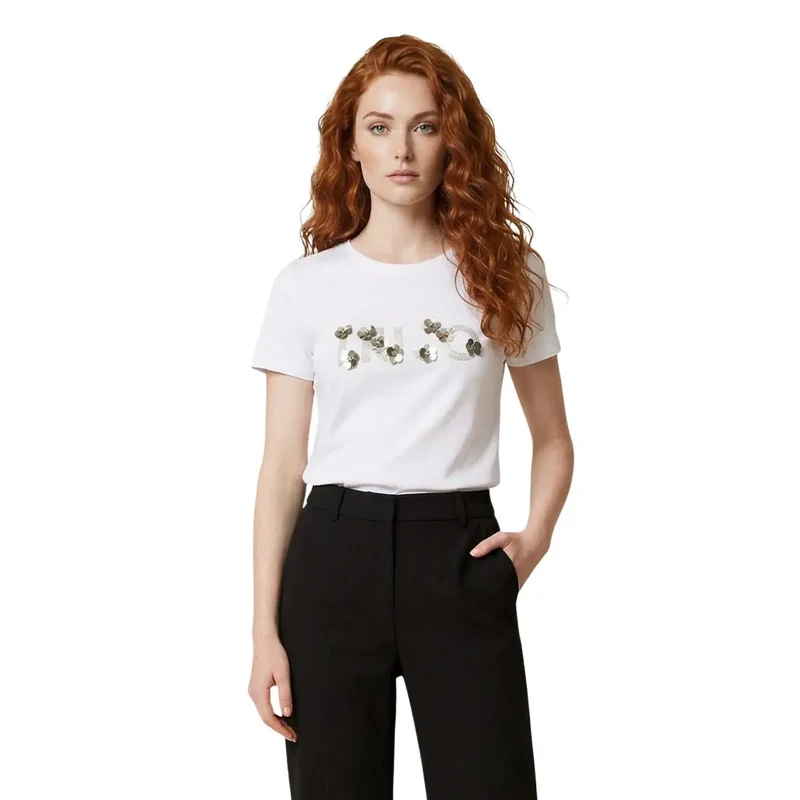 Liu Jo Damen T-Shirt aus Baumwolle mit Strass, rundem Ausschnitt, weiß