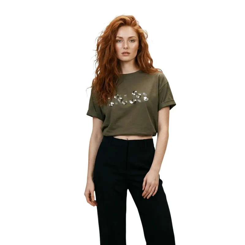 Liu Jo Damen T-Shirt aus Baumwolle mit Strass, rundem Ausschnitt, weiß
