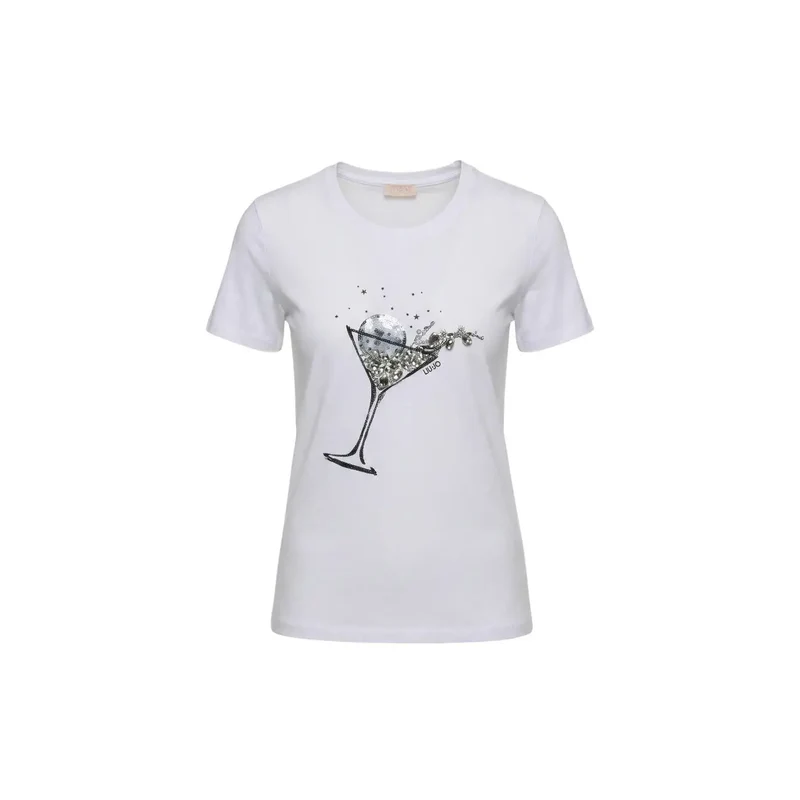 Liu Jo Damen T-Shirt mit Rundhalsausschnitt aus weißer Baumwolle und kurzem Schnitt