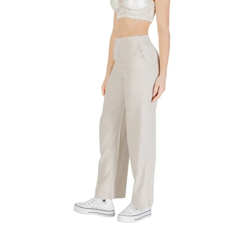 Beige Leinenmischung-Hose für Damen mit Vorder- und Rücktaschen