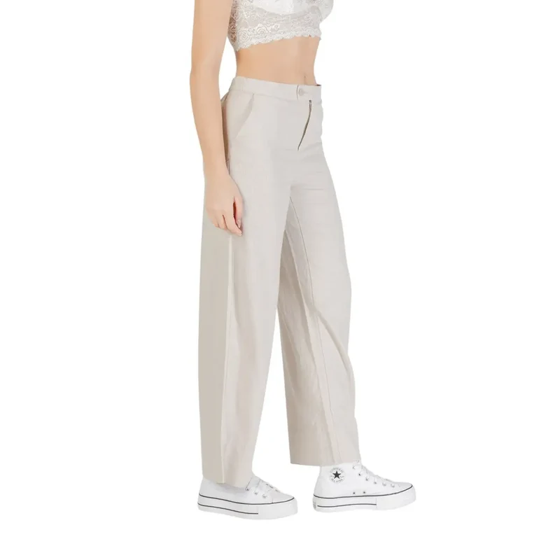 Beige Leinenmischung-Hose für Damen mit Vorder- und Rücktaschen