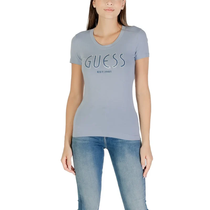 Guess Damen Herbst Winter Hellblau Bedrucktes Rundhals-T-Shirt