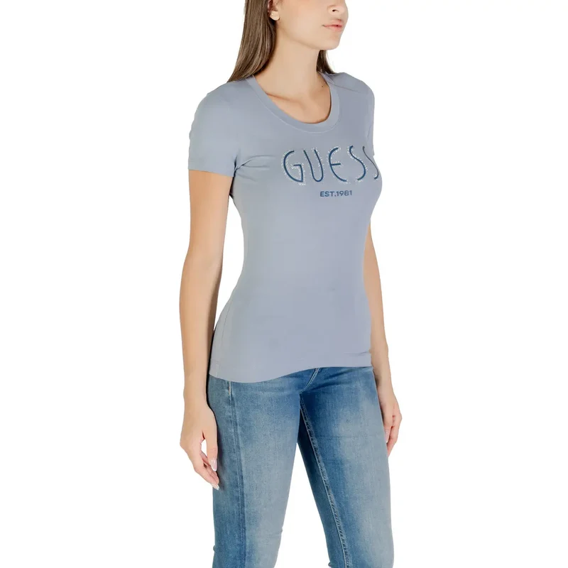 Guess Damen Herbst Winter Hellblau Bedrucktes Rundhals-T-Shirt