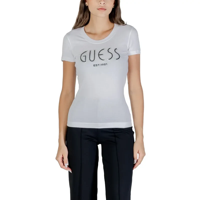 Guess Damen Herbst Winter Hellblau Bedrucktes Rundhals-T-Shirt
