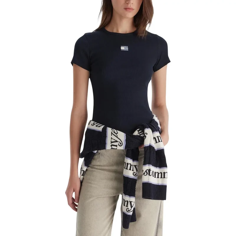 Tommy Hilfiger Jeans Frauen Beige Kurzarm Rundhals T Shirt Herbst Winter