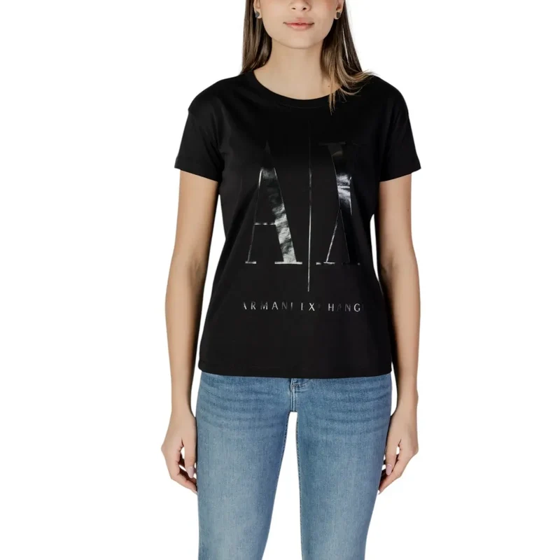 Armani Exchange Frauen Schwarzer Druck Kurzarm Rundhalsausschnitt T Shirt